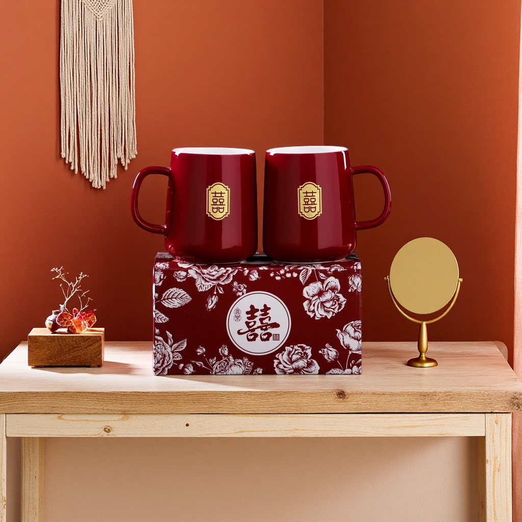 A pair of red Double Happiness ceramic mugs set for home use, featuring simple tea and coffee cups