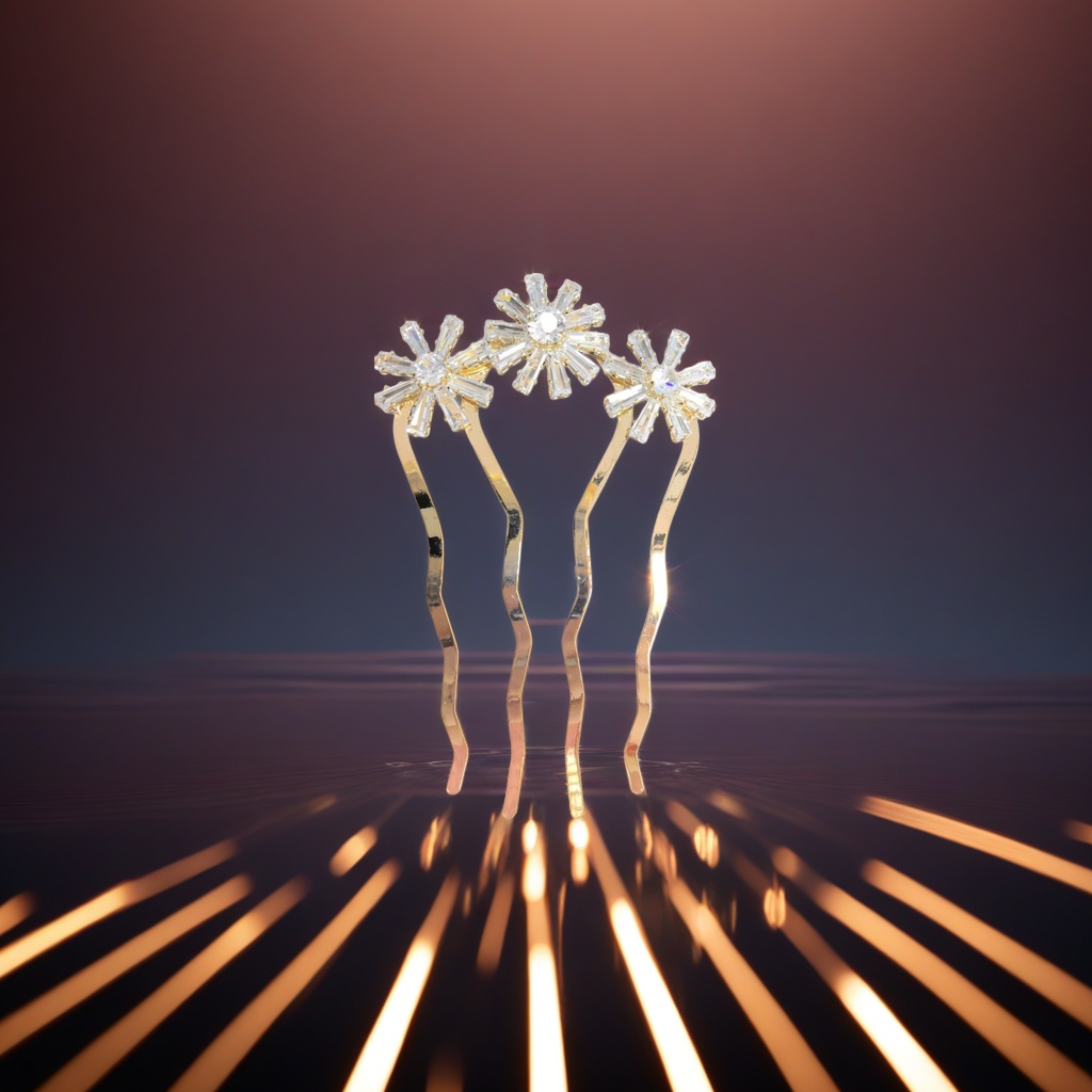 A golden wavy hairpin decorated with crystal daisies creates an elegant and retro bride's headwear Application Scenario