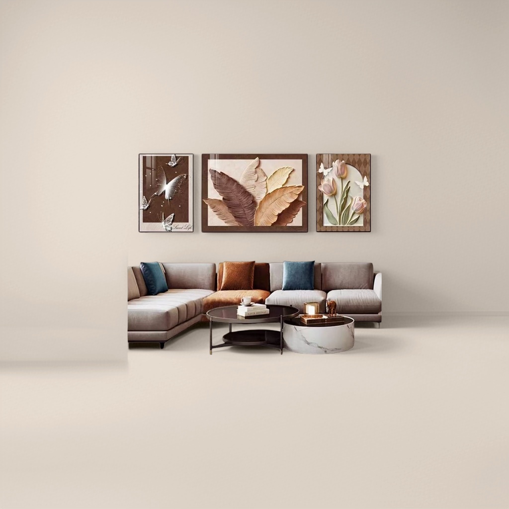 ثلاث لوحات فنية حديثة مجردة في غرف نوم غرفة المعيشة المبسطة في شمال أوروبا Specification image