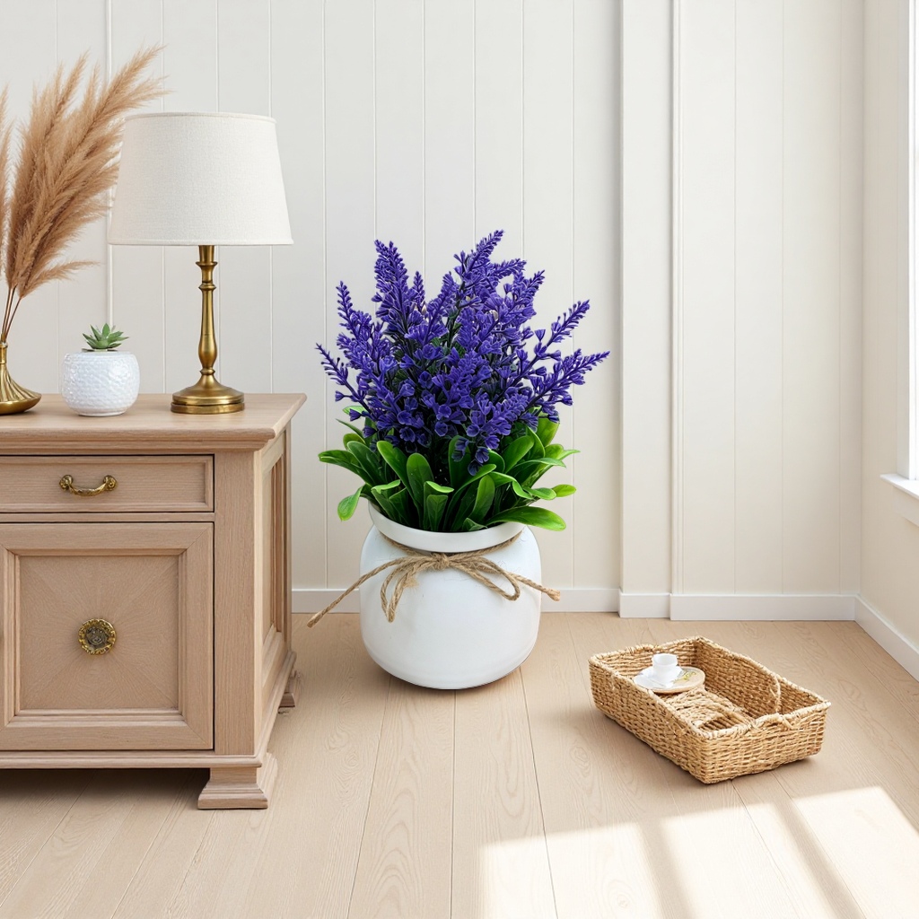 Purple lavender potted plants with white hemp rope flowerpots and wooden trays Specification image