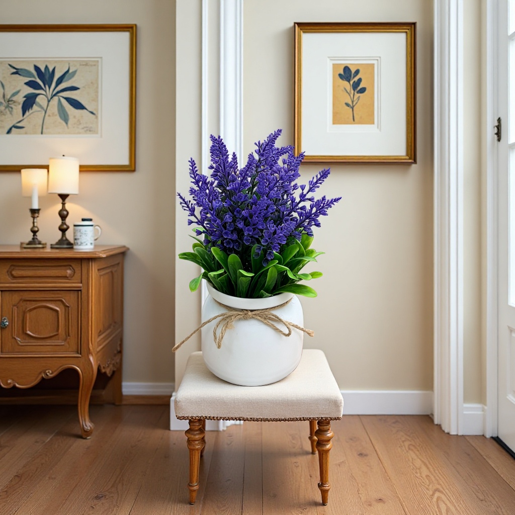 Purple lavender potted plants with white hemp rope flowerpots and wooden trays details Picture