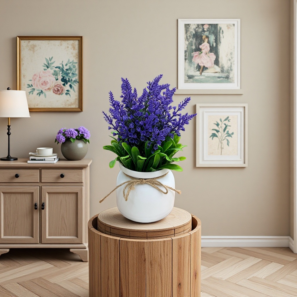 Purple lavender potted plants with white hemp rope flowerpots and wooden trays