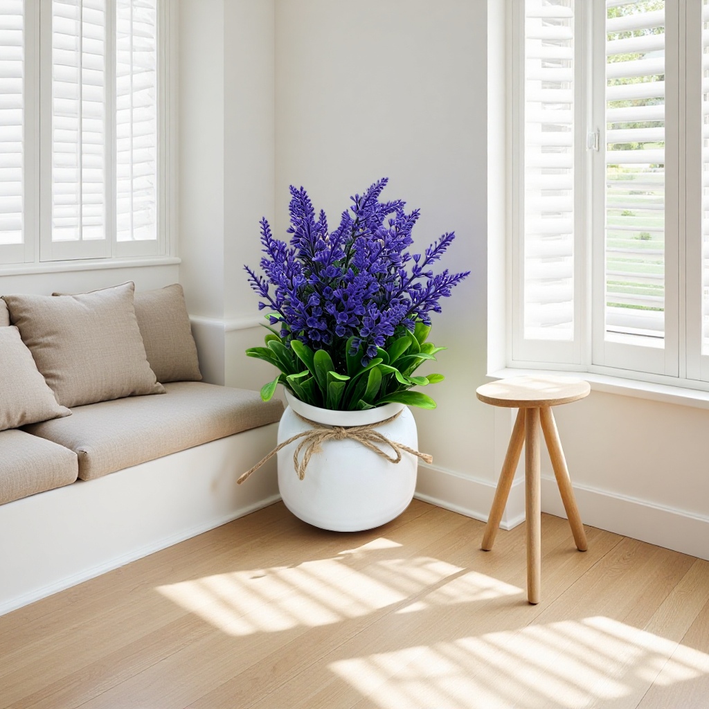 Purple lavender potted plants with white hemp rope flowerpots and wooden trays Application Scenario