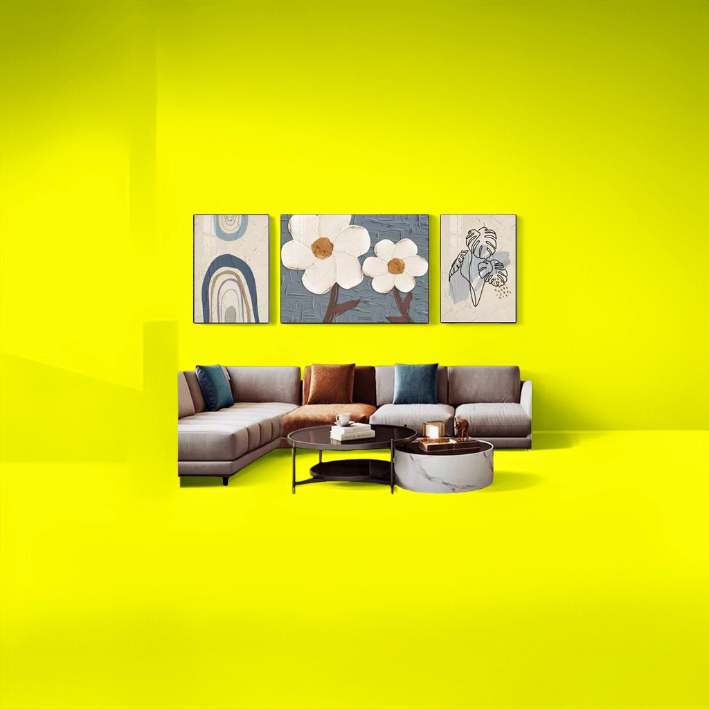 A modern and simple living room hanging picture set featuring three decorative paintings paired with a sofa details Picture