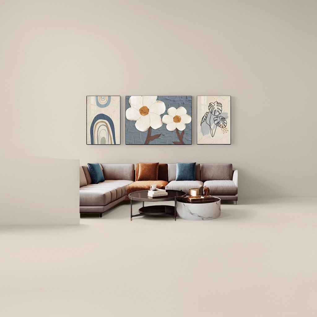 A modern and simple living room hanging picture set featuring three decorative paintings paired with a sofa Application Scenario