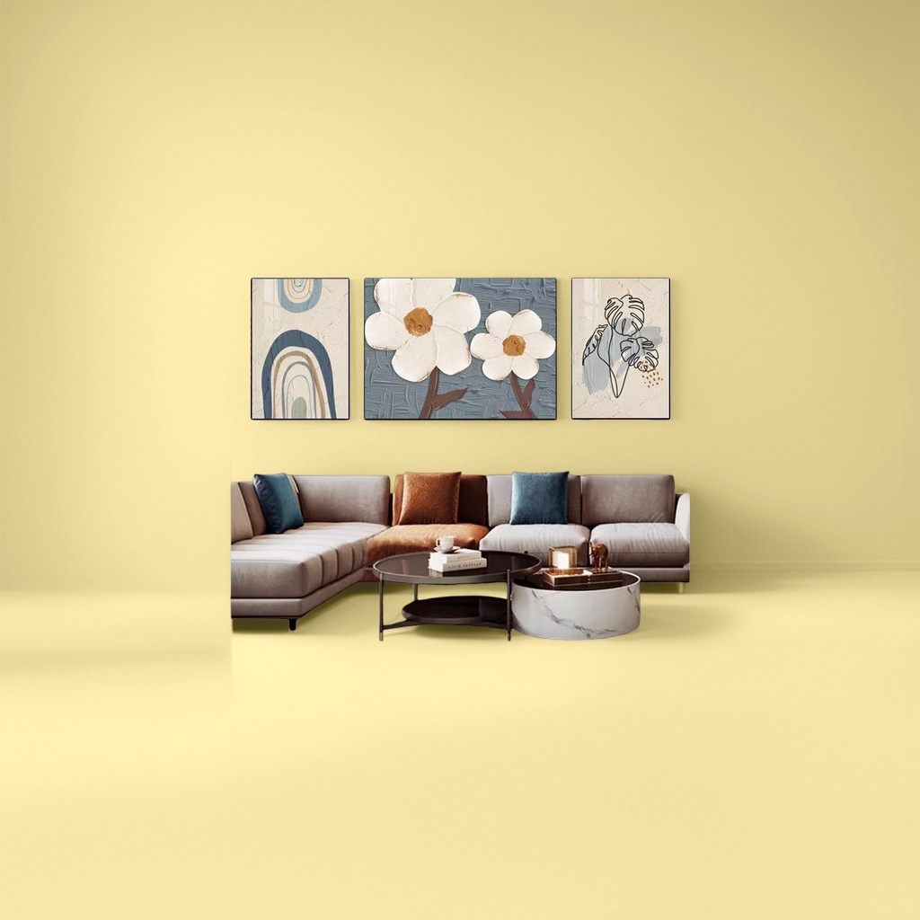 A modern and simple living room hanging picture set featuring three decorative paintings paired with a sofa Specification image