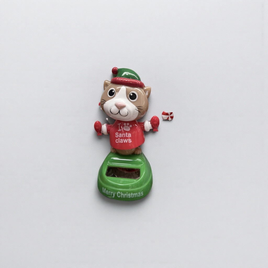 圣诞主题猫形玩具戴绿红帽子穿I Santa claws红色上衣手持糖果底座印 Merry Christmas