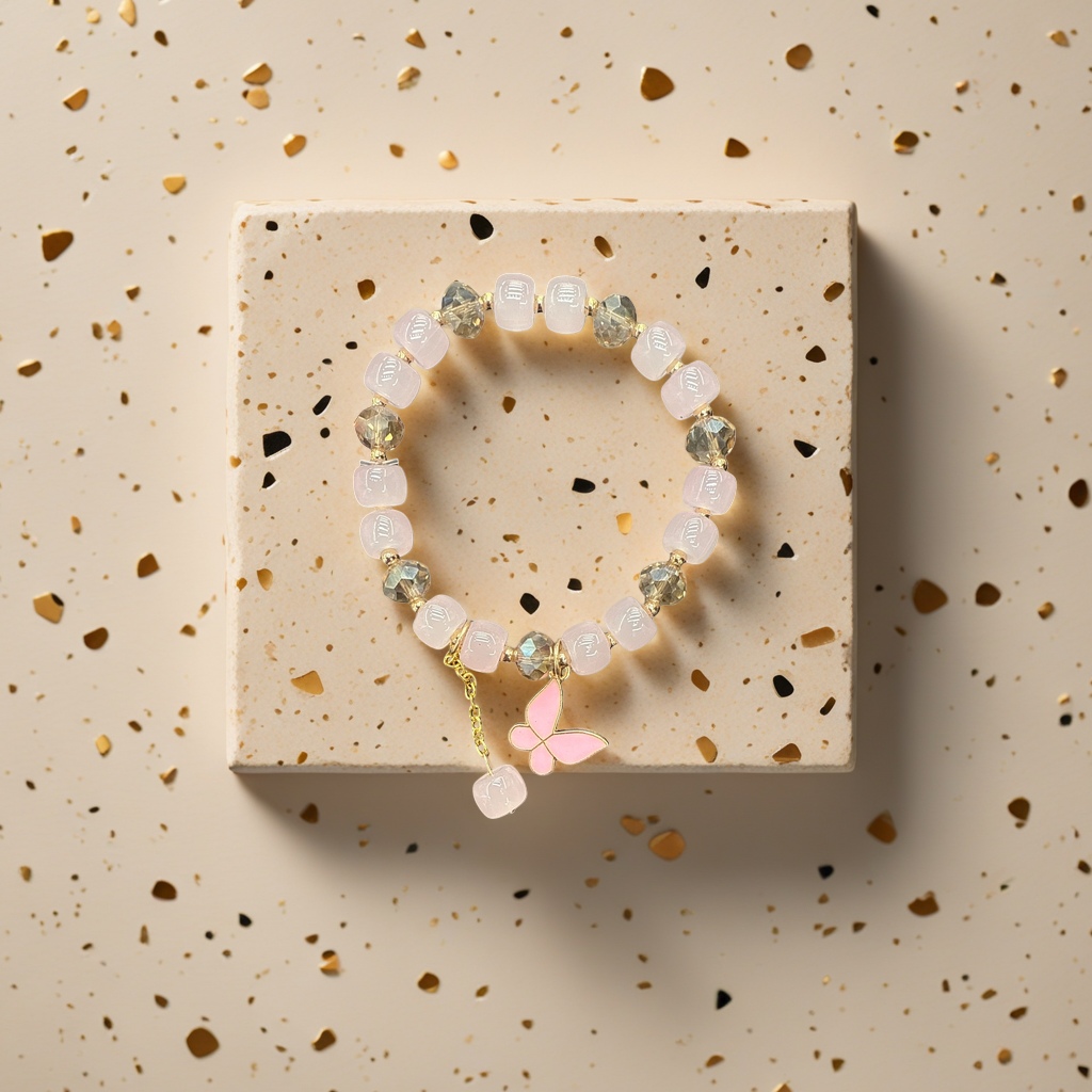 A pink beaded bracelet with a golden butterfly pendant is a fashionable and simple ladies' accessory Application Scenario