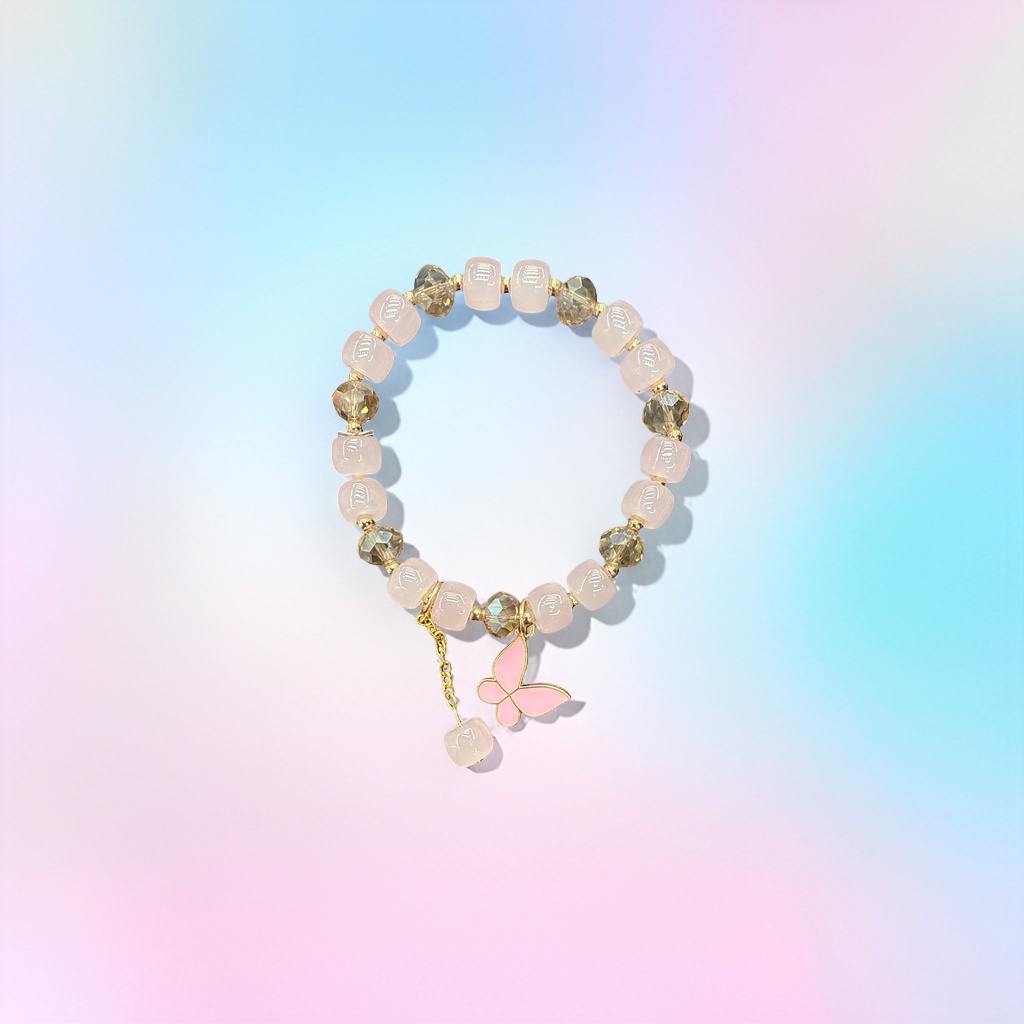 A pink beaded bracelet with a golden butterfly pendant is a fashionable and simple ladies' accessory Specification image