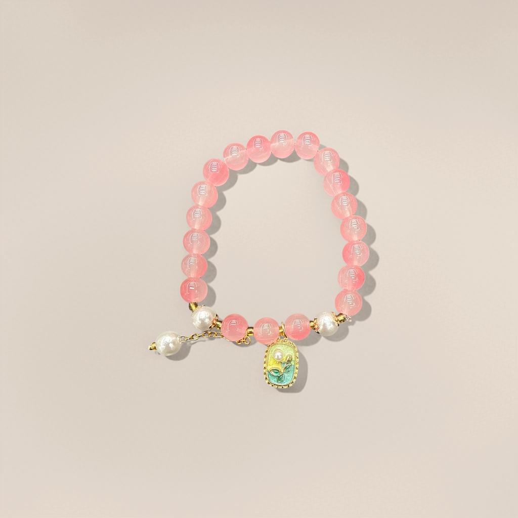 A pink glass bead bracelet imitating pearls, paired with a colorful enamel oil-dripping flower pendant, is a fashionable accessory for women Application Scenario