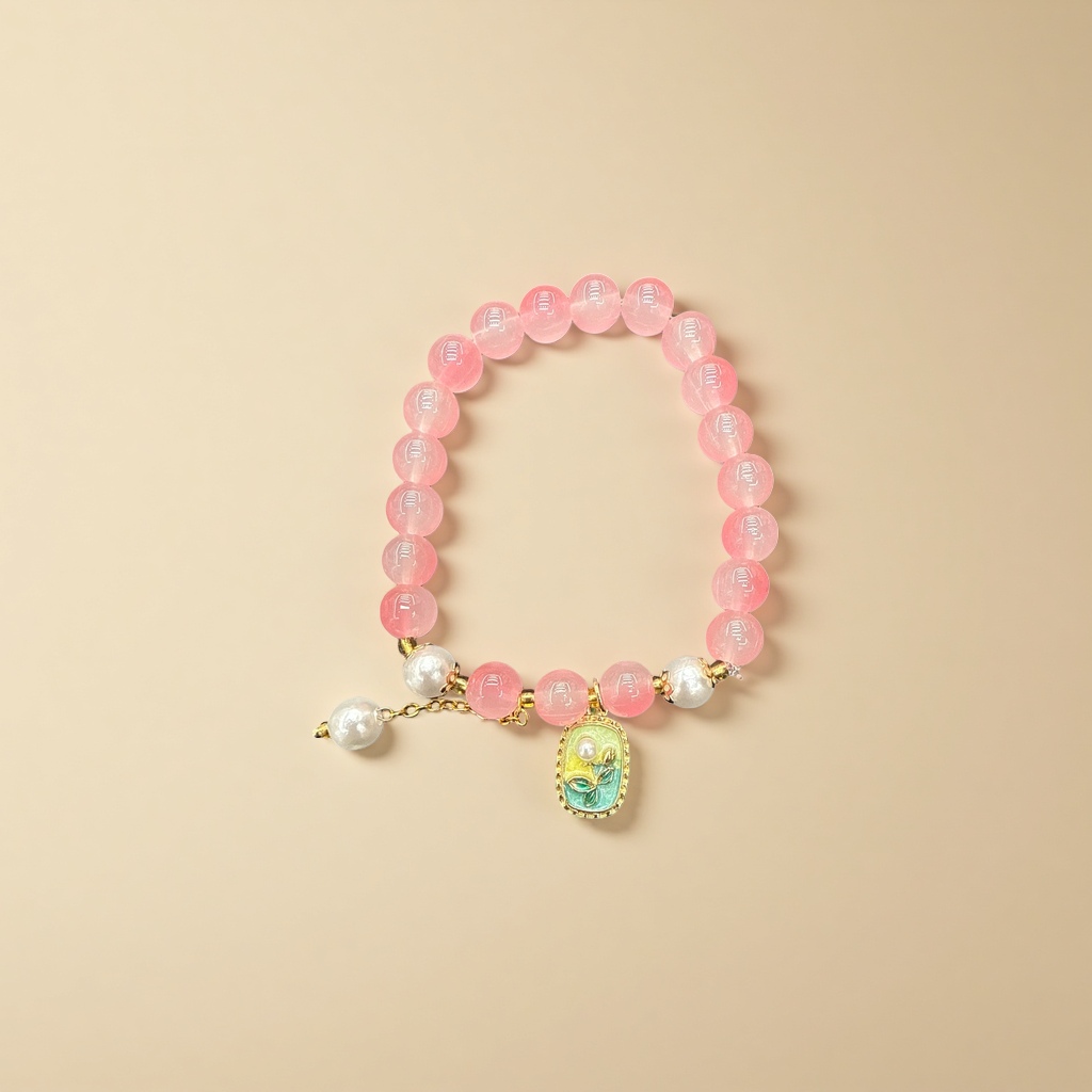 A pink glass bead bracelet imitating pearls, paired with a colorful enamel oil-dripping flower pendant, is a fashionable accessory for women details Picture