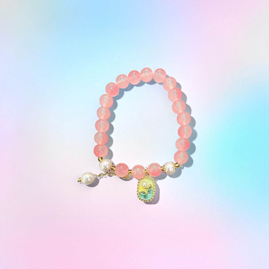A pink glass bead bracelet imitating pearls, paired with a colorful enamel oil-dripping flower pendant, is a fashionable accessory for women Specification image