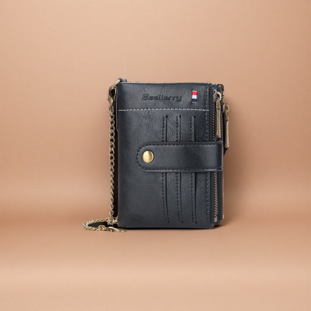 A black leather wallet with a metal chain zipper, a light luxury and simple style for ladies