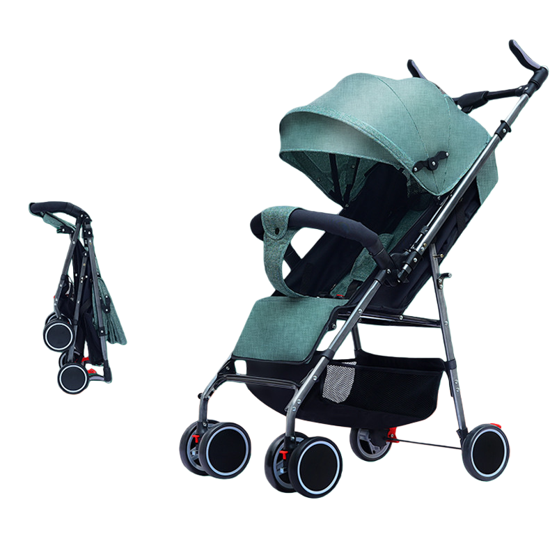 The green baby stroller is lightweight, foldable, suitable for both sitting and lying down, and features a shock-absorbing safety belt with five points Item Picture