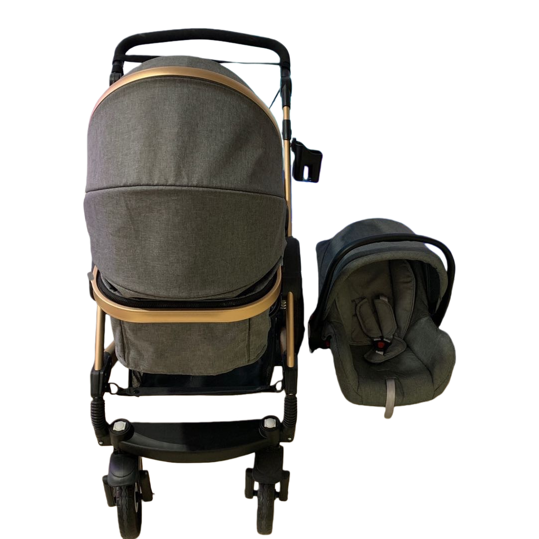 The grey baby stroller with a safety seat set is lightweight, foldable and suitable for lying down on newborns Item Picture