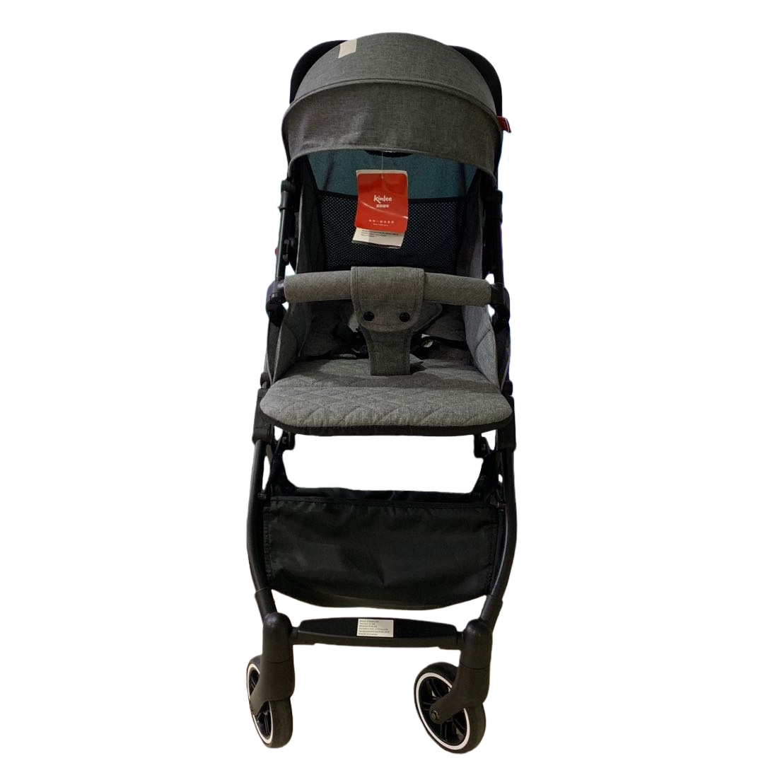 The grey baby stroller with an aluminum alloy frame features a one-click retractable function and is suitable for both indoor and outdoor use Item Picture