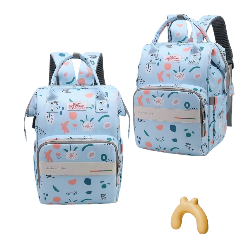 The baby backpack is marked with light blue heart-shaped fingers Item Picture