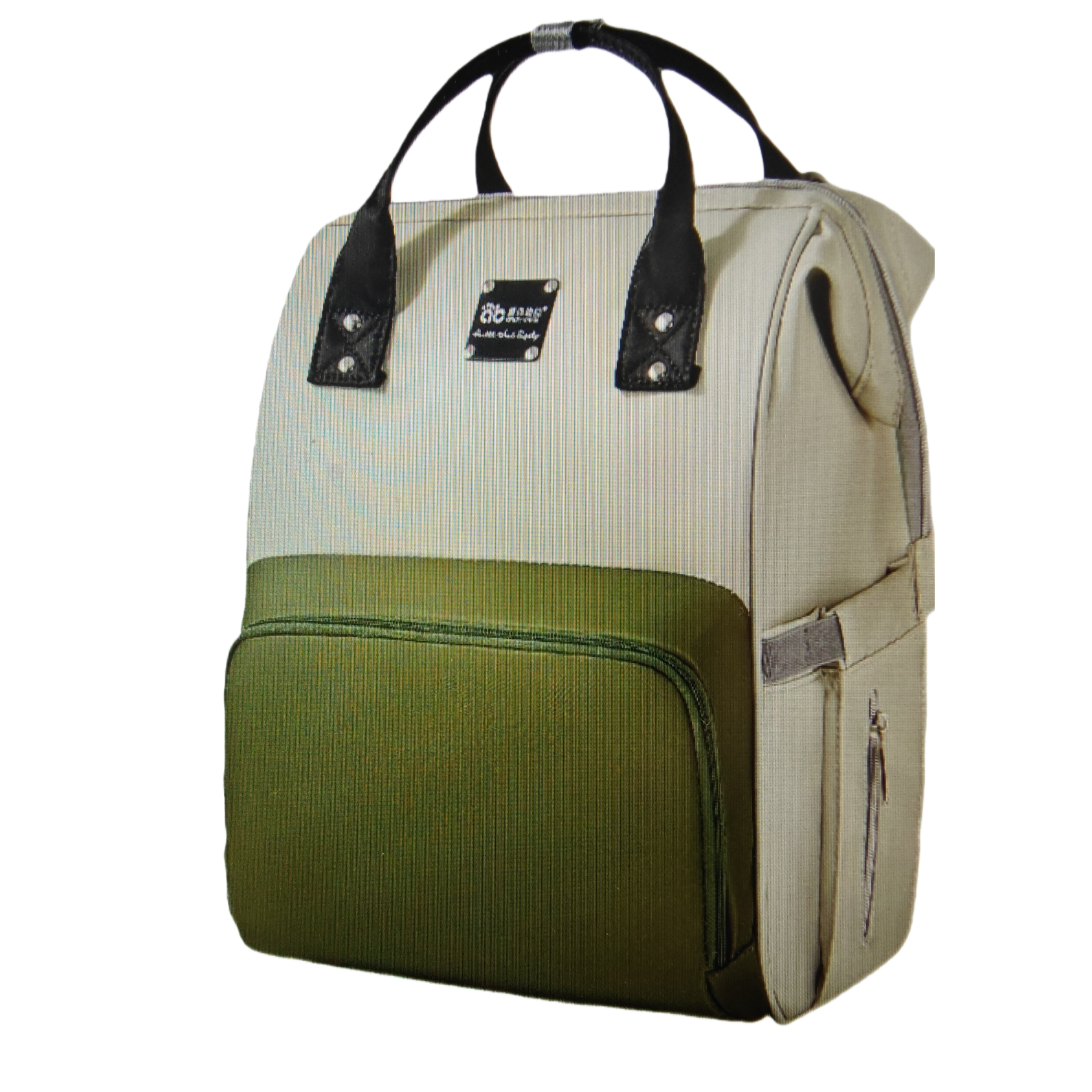 A fashionable casual backpack in a combination of off-white and military green colors Item Picture