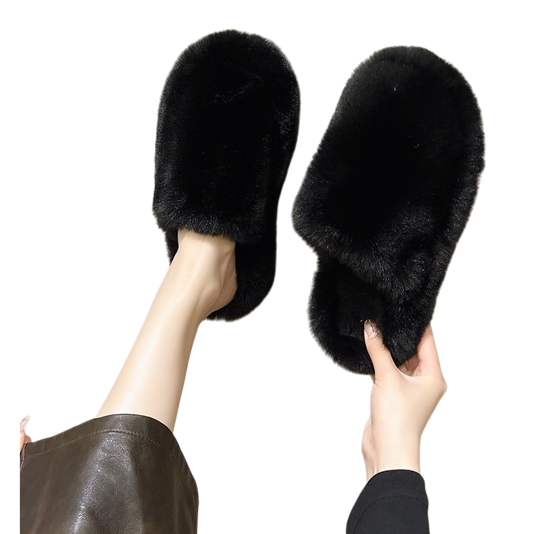 Black plush home slippers for women, thickened and warm indoor cotton slippers for men, autumn and winter styles Item Picture