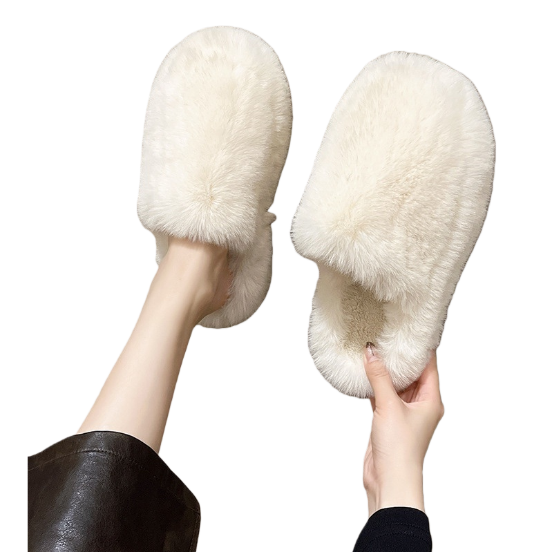 White plush slippers for women, warm cotton slippers, indoor anti-slip soft soles, autumn and winter styles Item Picture