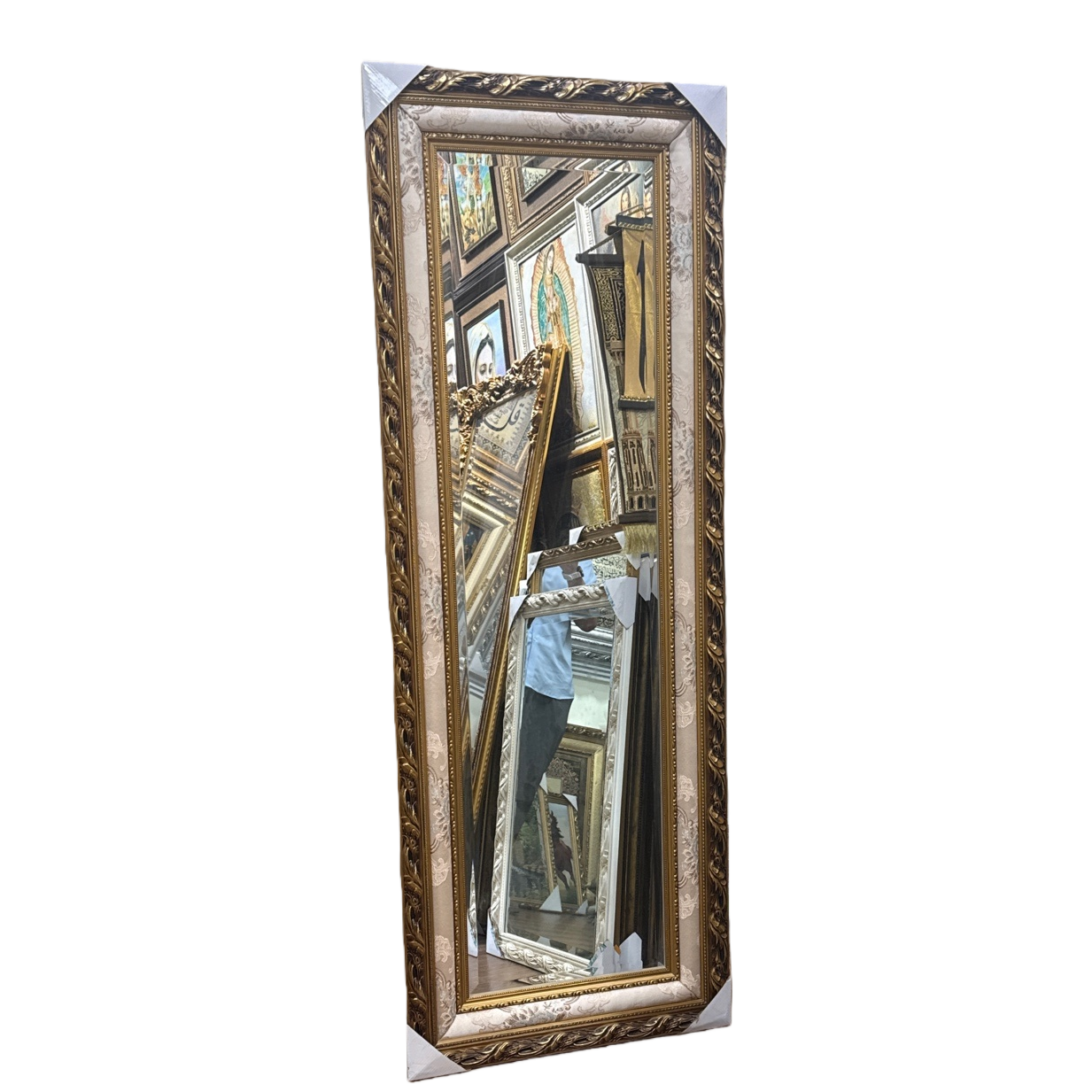 Golden carved frame full-length mirror without perforation for bedroom and living room decoration Item Picture