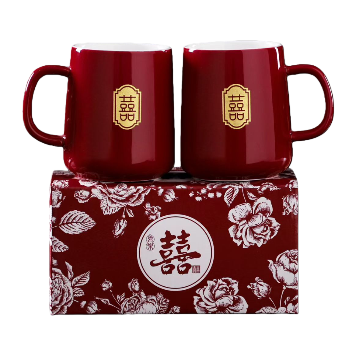 A pair of red Double Happiness ceramic mugs set for home use, featuring simple tea and coffee cups Item Picture