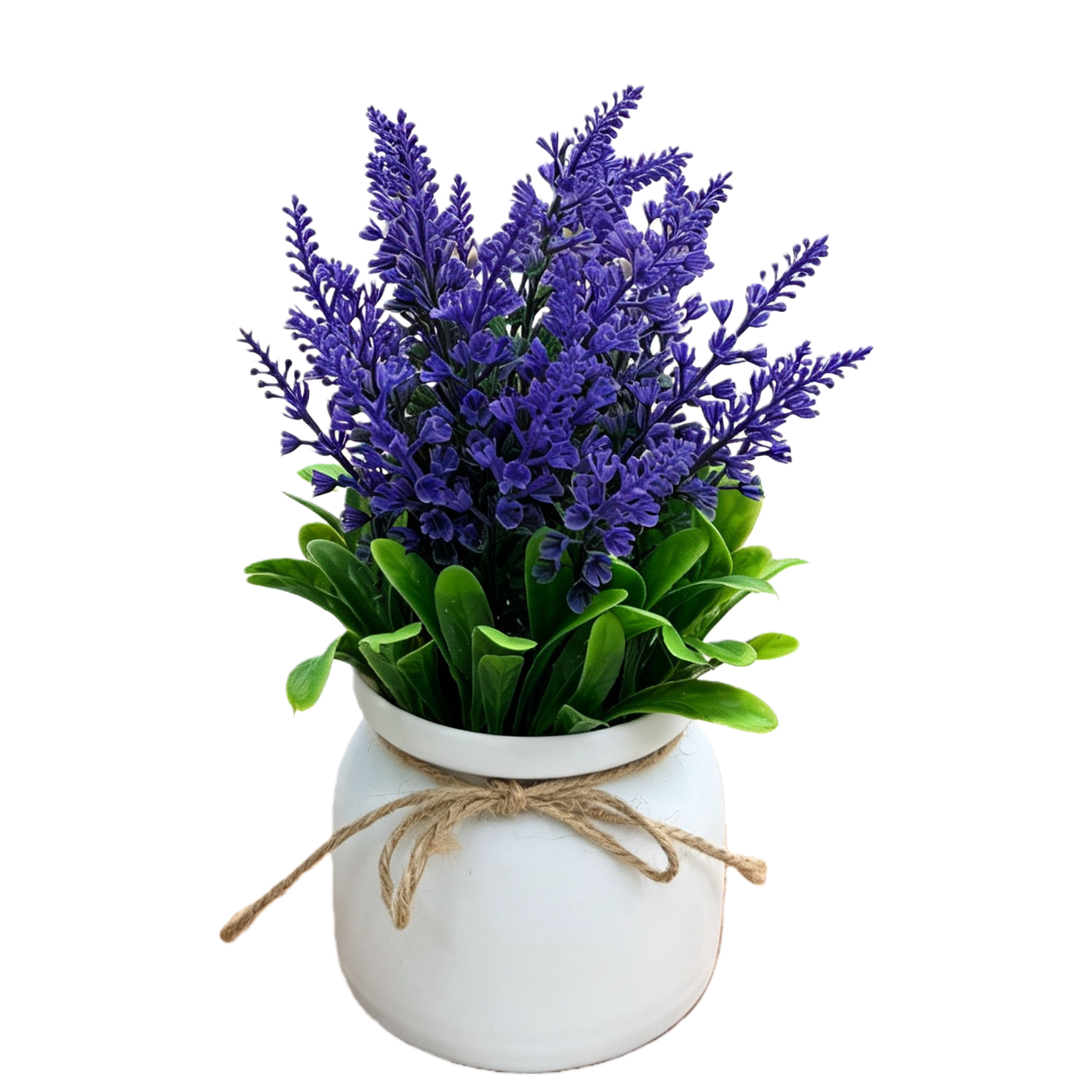 Purple lavender potted plants with white hemp rope flowerpots and wooden trays Item Picture