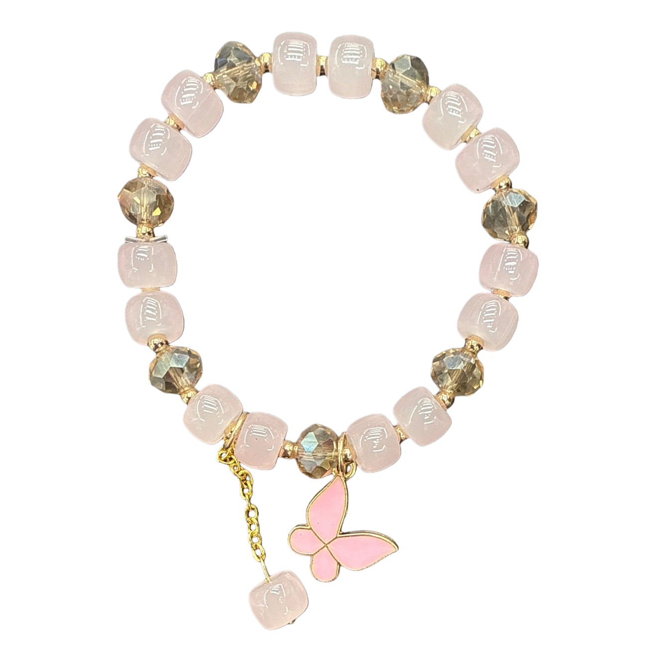 A pink beaded bracelet with a golden butterfly pendant is a fashionable and simple ladies' accessory Item Picture