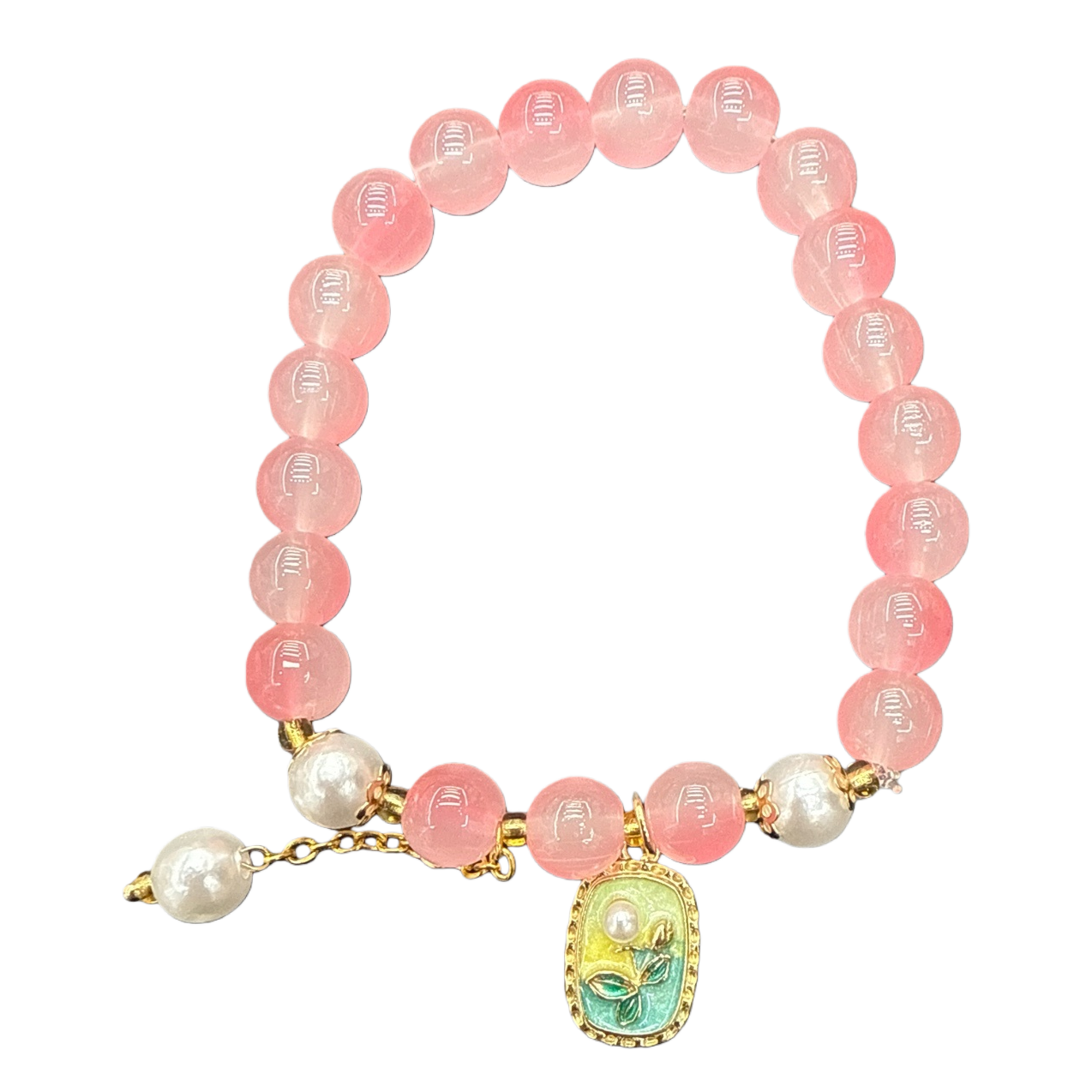A pink glass bead bracelet imitating pearls, paired with a colorful enamel oil-dripping flower pendant, is a fashionable accessory for women Item Picture