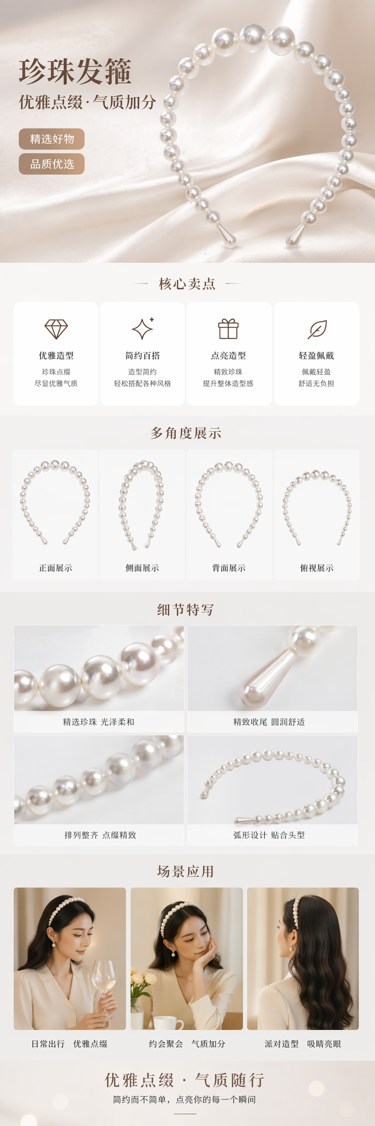 白色珍珠发箍 镀金细丝工艺 轻盈防滑日常佩戴详情1