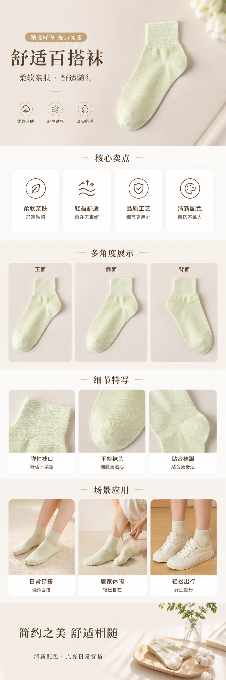 浅绿色莫代尔棉混纺船袜 亲肤柔软四季通用详情1