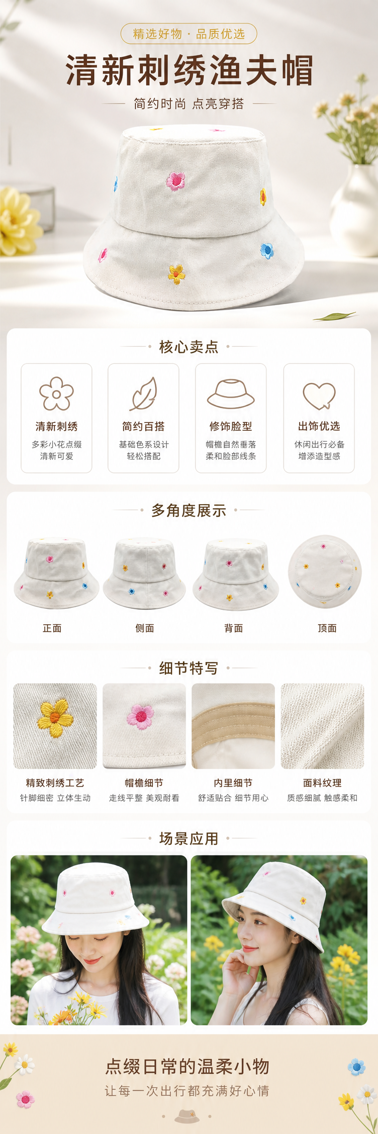 白色刺绣花朵渔夫帽 女款夏季遮阳透气草编帽详情1