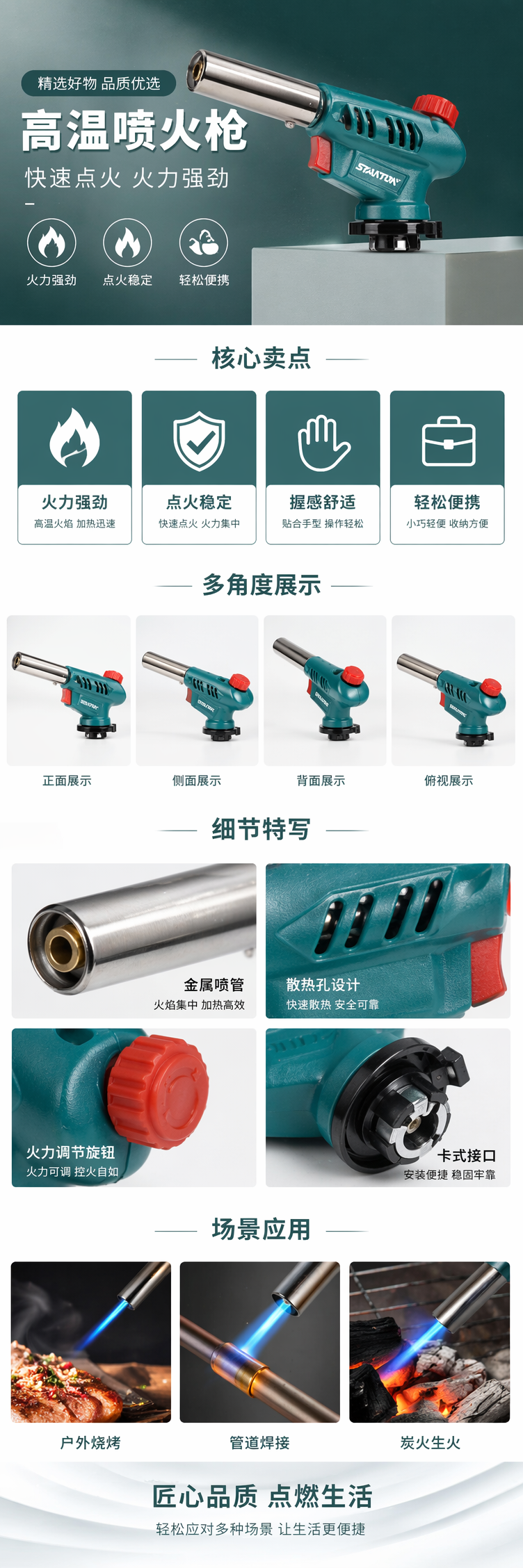 STANTON手持火焰枪绿色手柄红色旋钮金色喷嘴1300°C高温透明包装工业级点火工具 pic 1