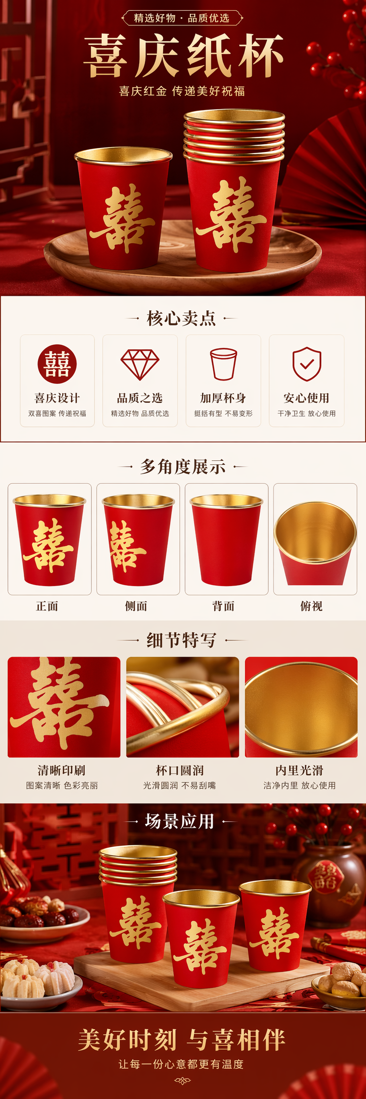 Red Double Happiness disposable paper cups, thickened and heat-resistant for wedding banquets, 100 pieces each pic 1