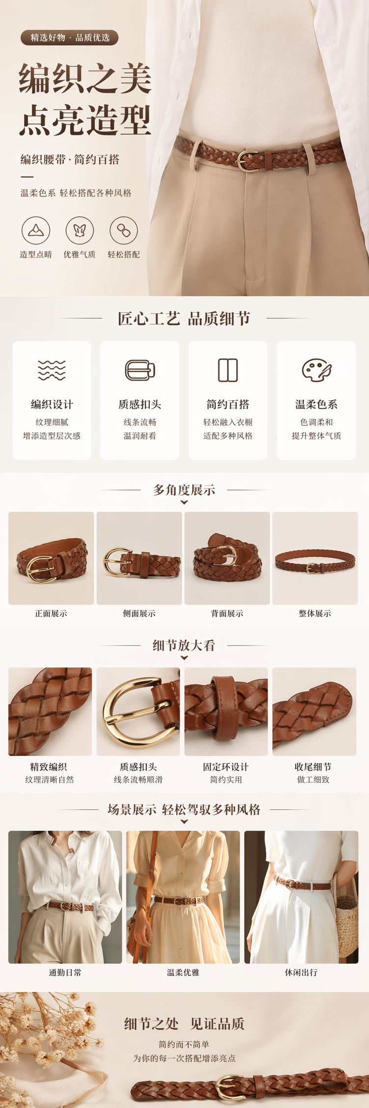棕色编织皮带 男士休闲腰带真皮简约百搭详情1