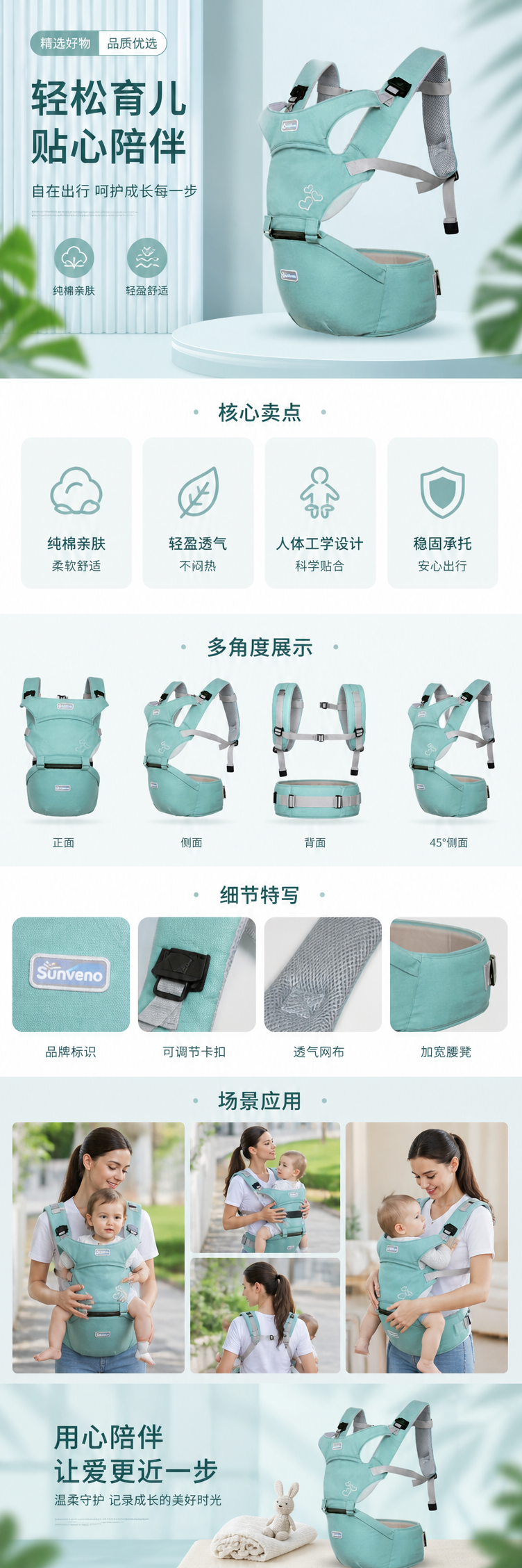 薄荷绿婴儿背带透气轻便新生儿可调节腰凳式详情1