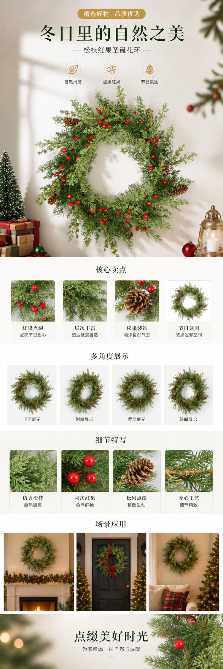 绿色松枝花环点缀红色浆果和松果装饰挂饰详情1
