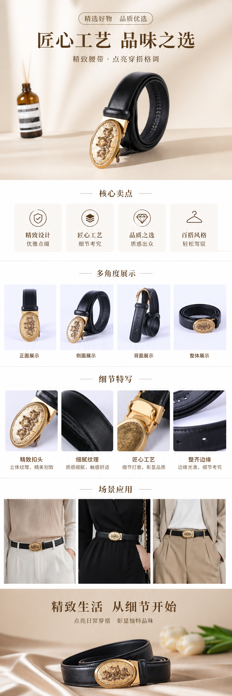 黑色真皮腰带金色雕花椭圆扣商务正装搭配详情1