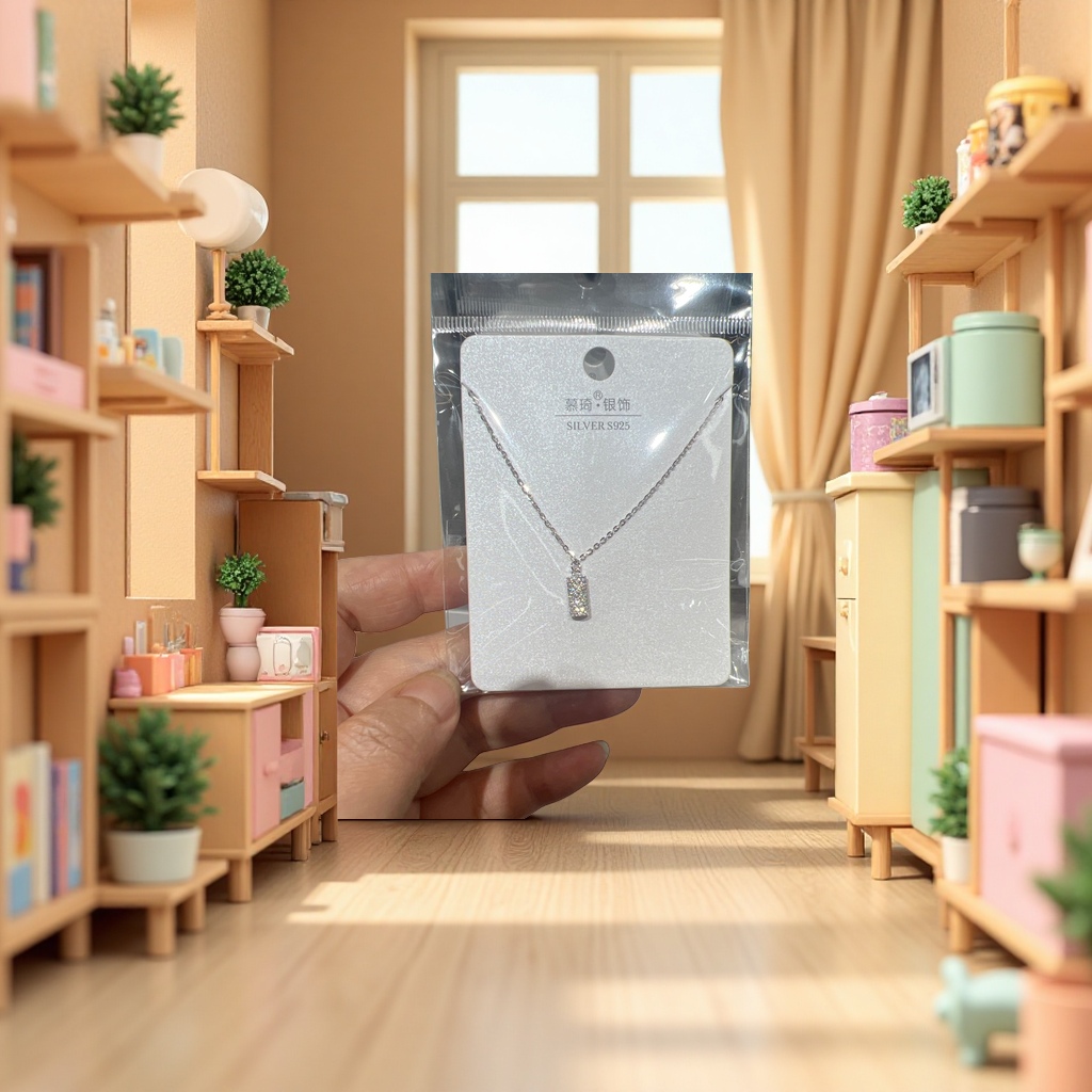 A silver full diamond rectangular pendant necklace with a fine chain, supported by white glitter cardstock for display, and packaged in transparent plastic Application Scenario