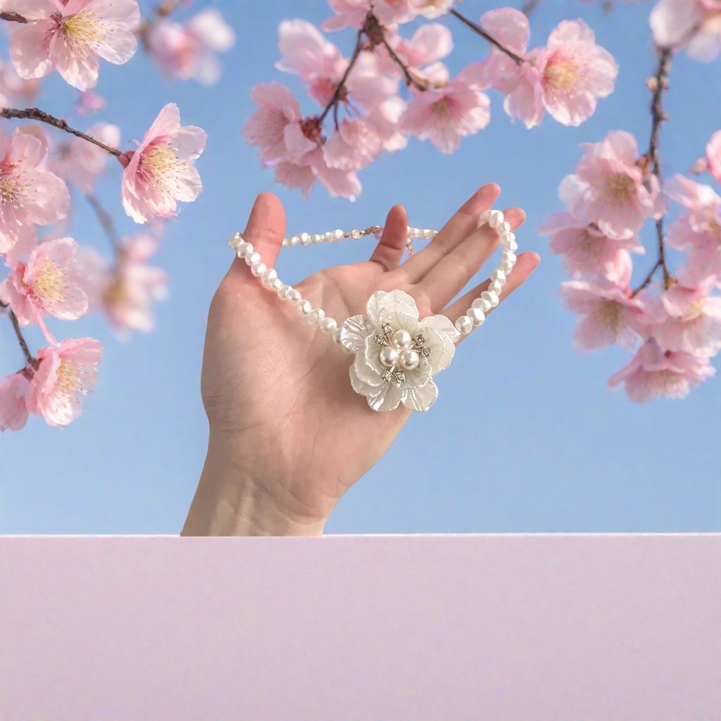 白色珍珠项链配花朵装饰细节图