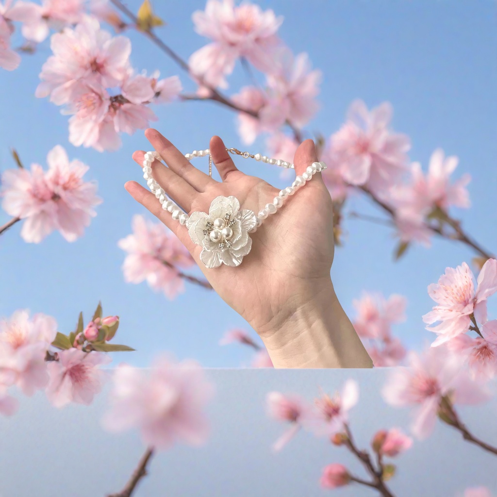 白色珍珠项链配花朵装饰产品图