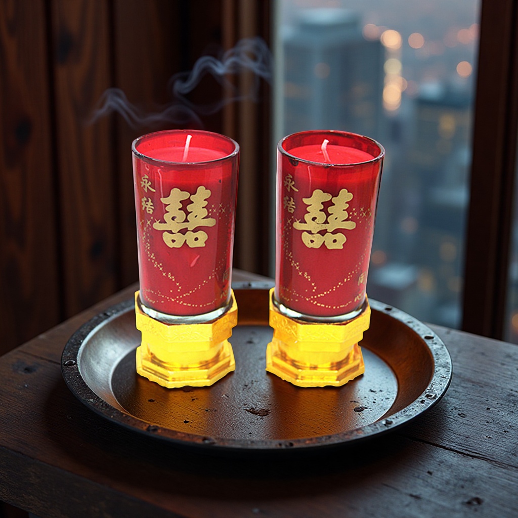 Red Double Happiness festive candles are used as traditional Chinese wedding decorations