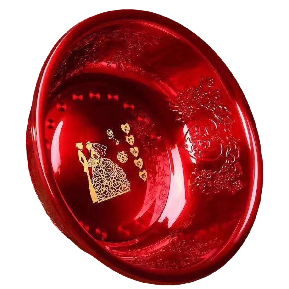 Red wedding basin set, festive Chinese wedding supplies, Big red Double Happiness enamel basin Item Picture