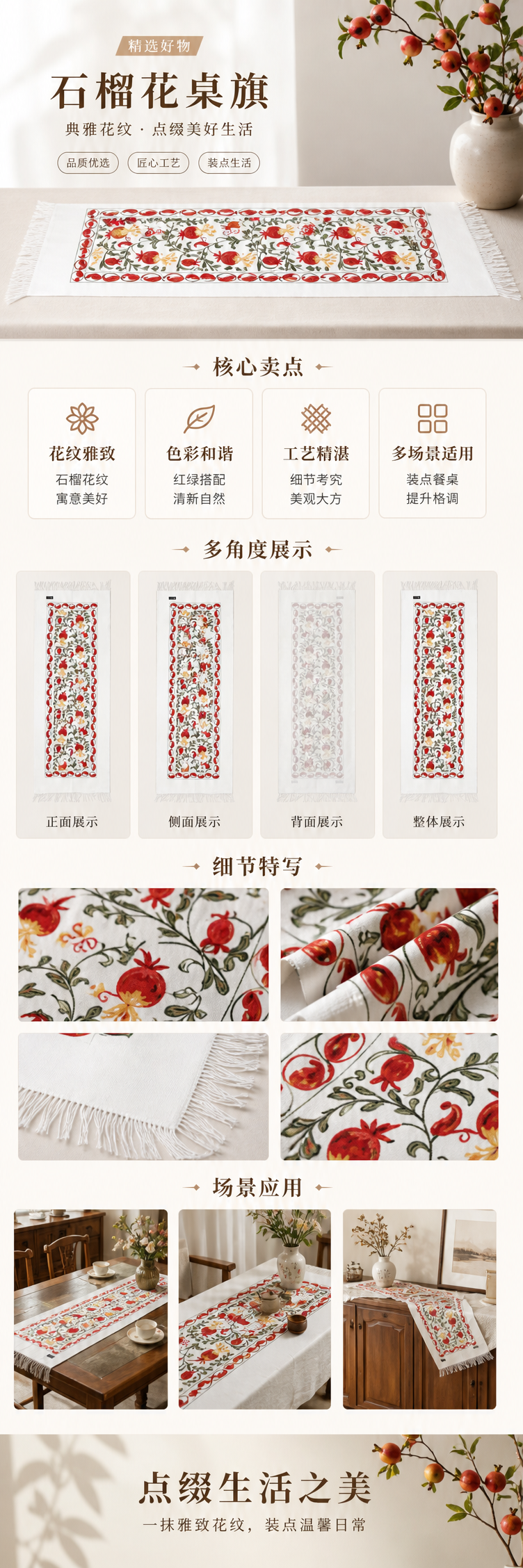 白色带红绿石榴花纹长条织物 家居装饰布艺面料详情1