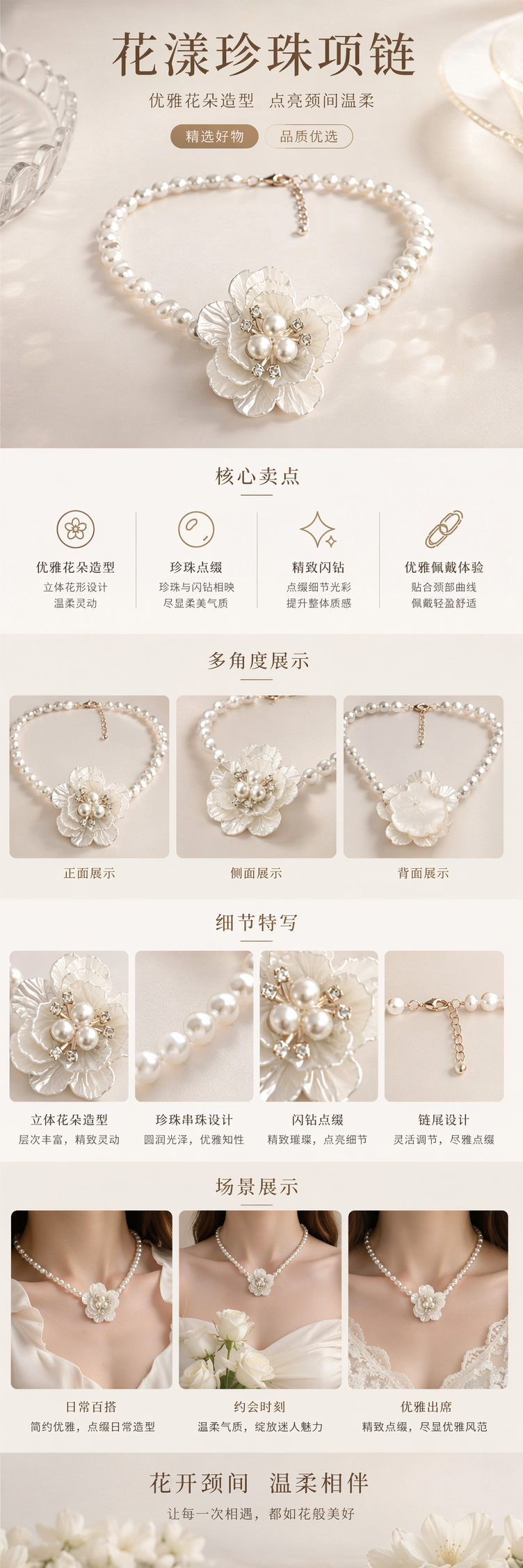 白色珍珠项链配花朵装饰 优雅百搭女士颈饰详情1