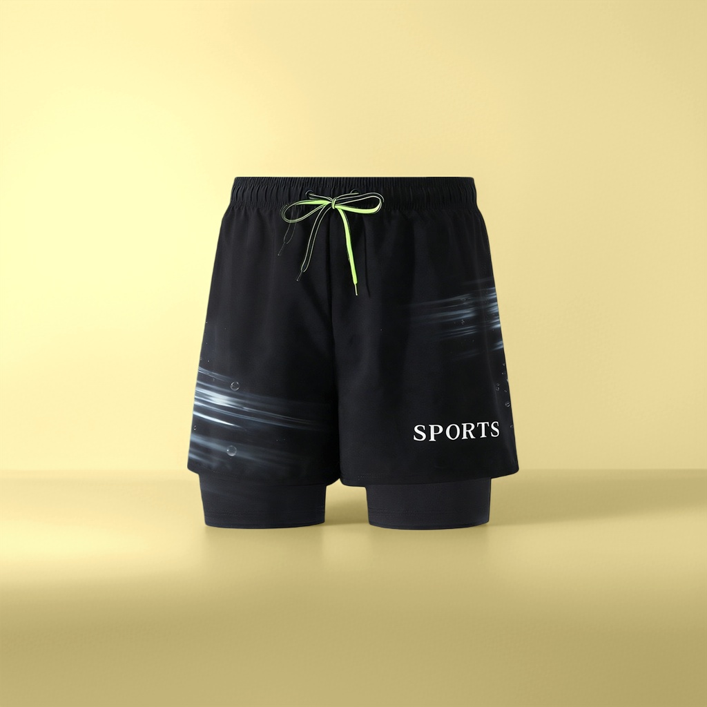黑色双层运动泳装短裤外层绿抽绳内层紧身侧印SPORTS