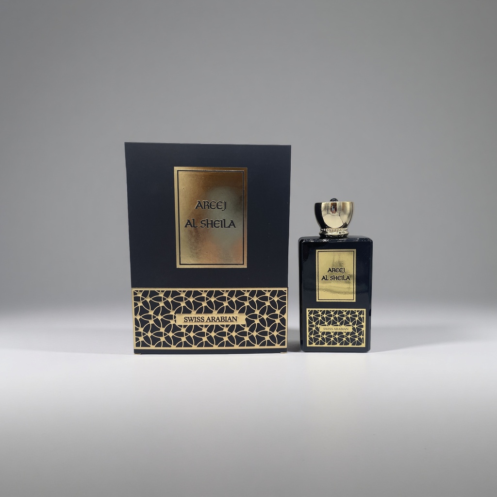 AREEJ AL SHEILA SWISS ARABIAN black packaging box black perfume bottle gold decoration details Picture