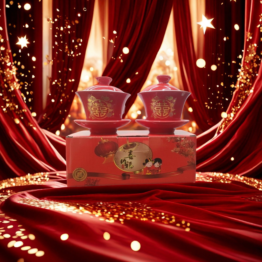 The red festive tea set in the Xinafu gift box includes double covered bowls with trays and traditional wedding patterns