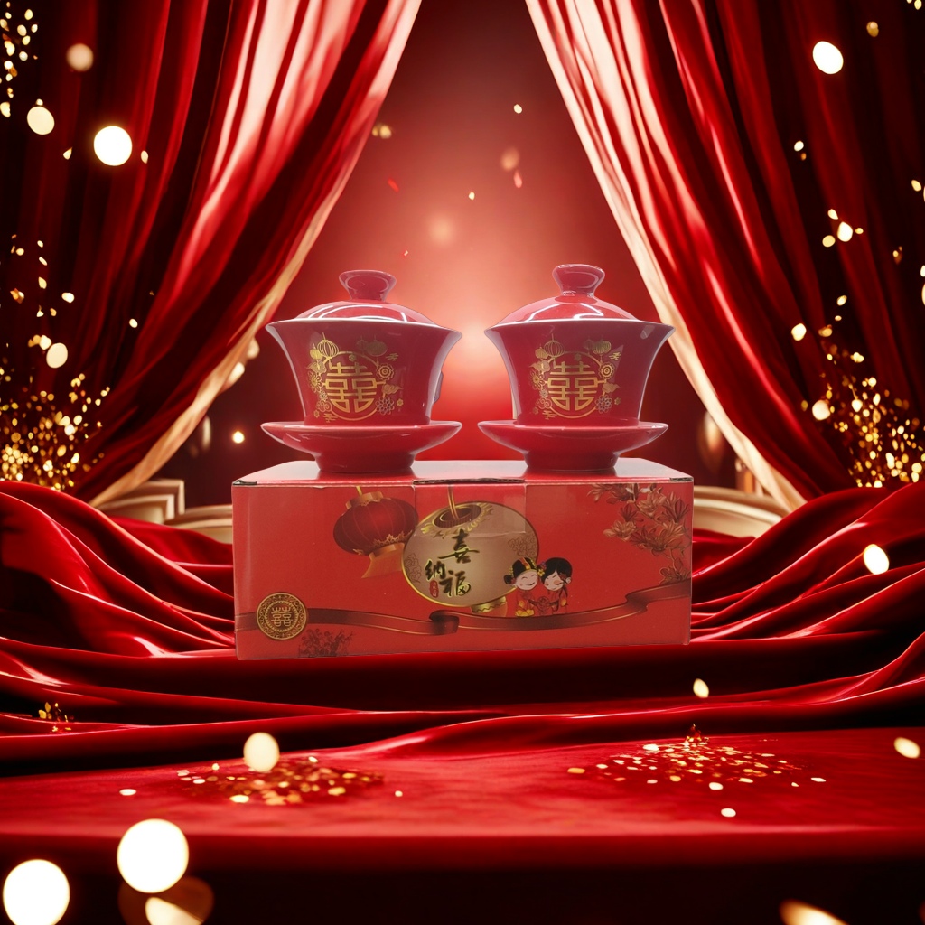 The red festive tea set in the Xinafu gift box includes double covered bowls with trays and traditional wedding patterns details Picture