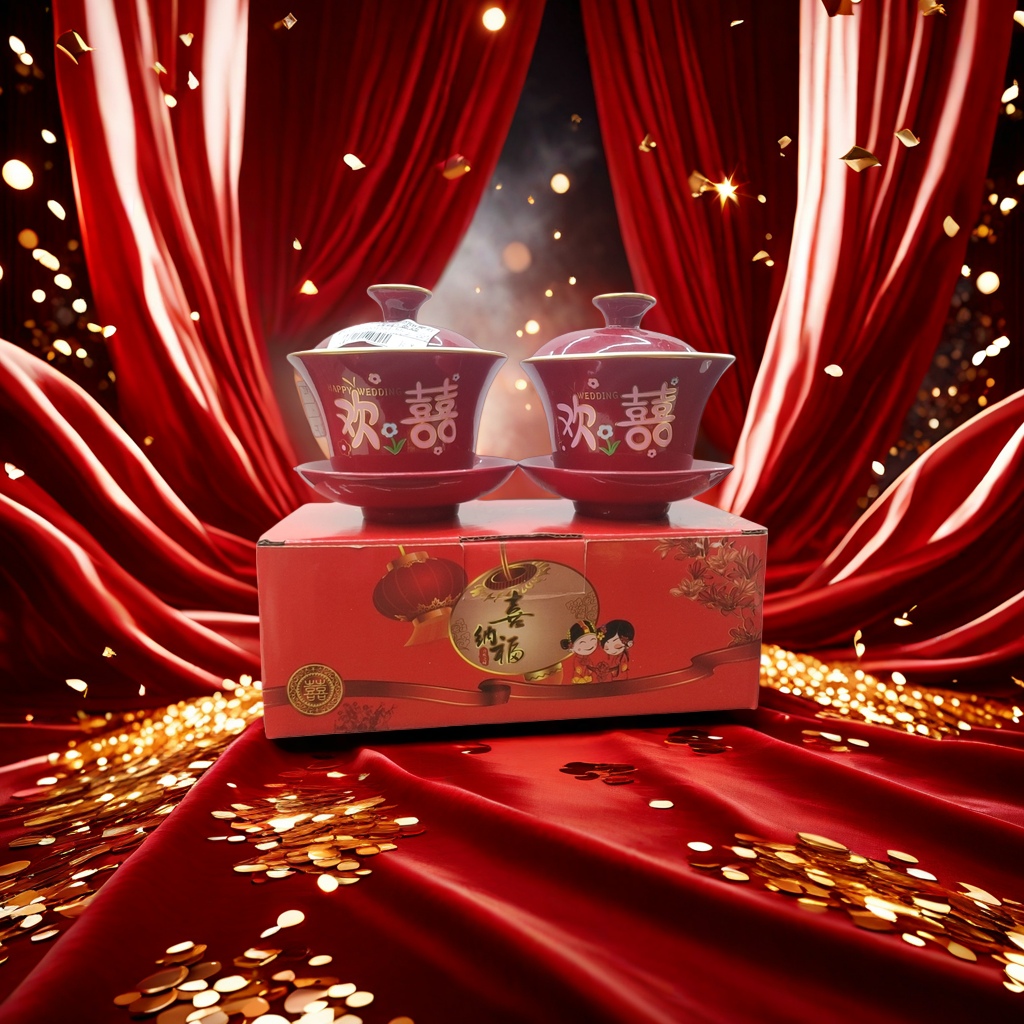 The red festive tea set in the Xinafu gift box includes double covered bowls with trays and traditional wedding patterns Application Scenario